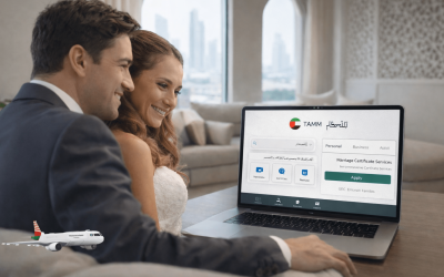 Happy couple getting married online using TAMM app