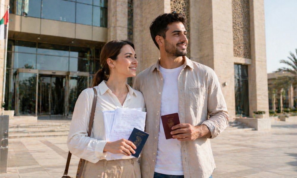 Foreign couple holding passports outside Abu Dhabi court building – can foreigners marry in UAE without residency