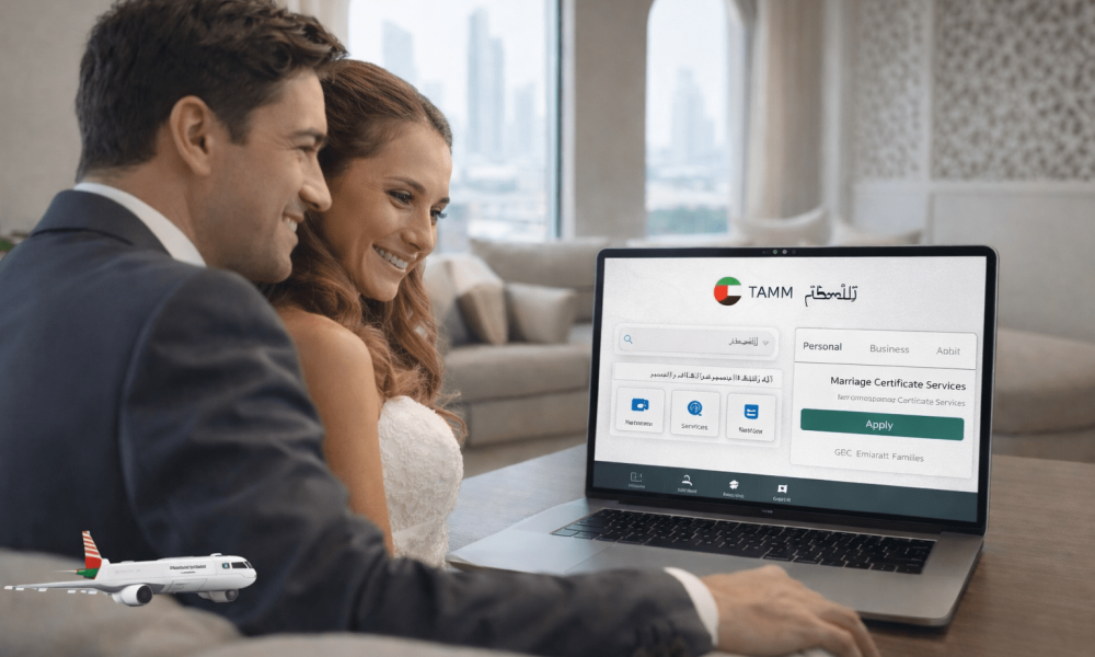 Happy couple getting married online using TAMM app