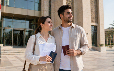Foreign couple holding passports outside Abu Dhabi court building – can foreigners marry in UAE without residency